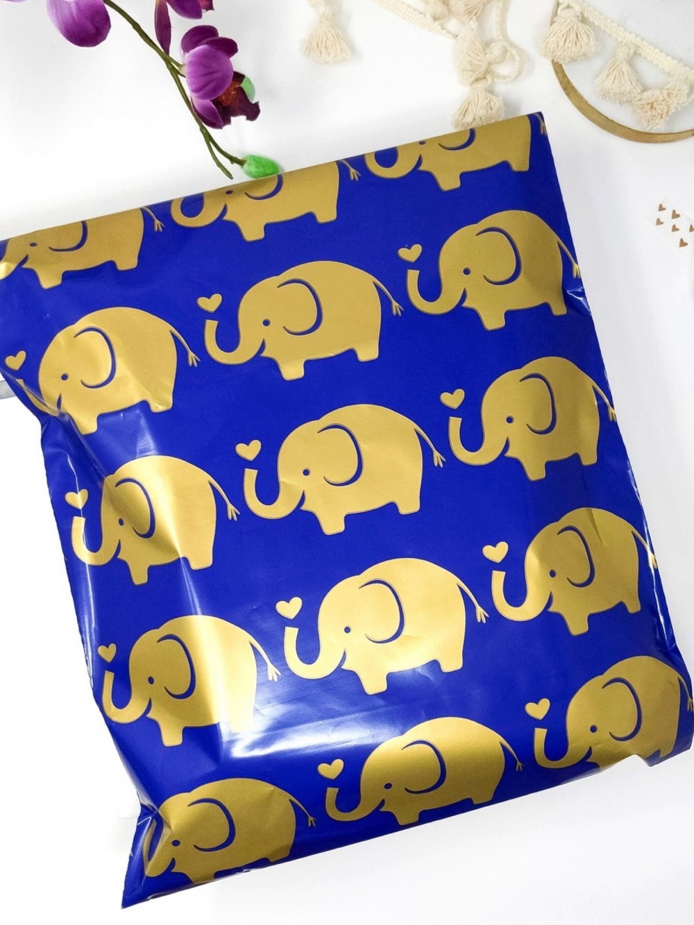 Blue Poly Mailer with Gold Elephant Print 6x9 15 pack